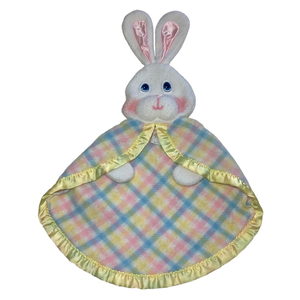 VTG 1979 Fisher Price Bunny Lovey Blanket Pastels Plaid Yellow Pink Blue #1353